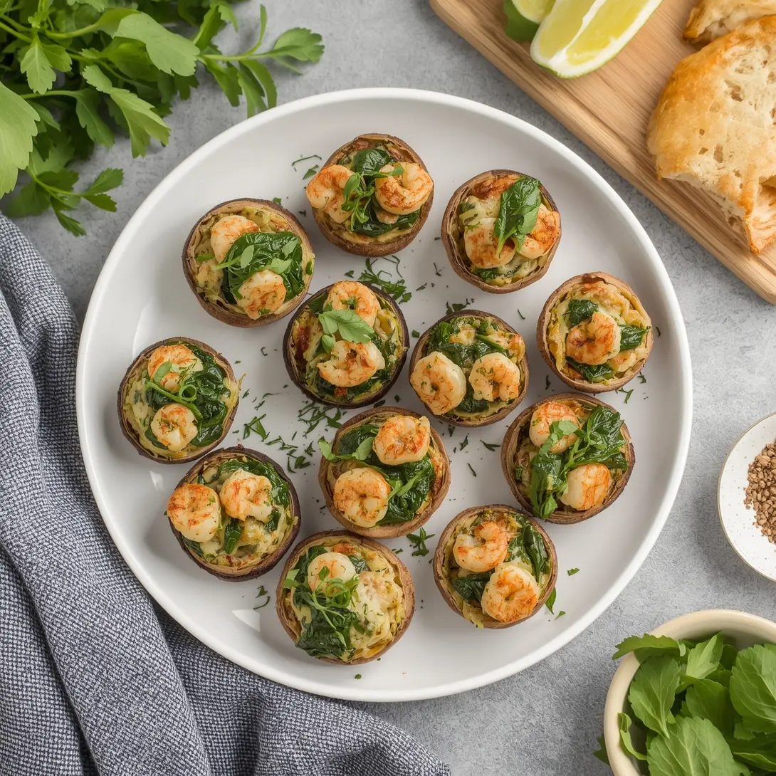 Spinach and shrimp stuffed mushrooms on a white platter ready to be served.