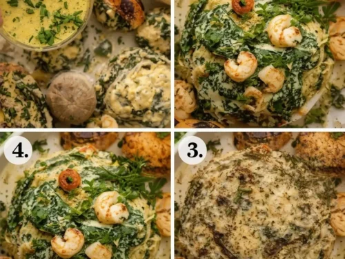 Spinach and shrimp stuffed mushrooms on a white platter ready to be served.