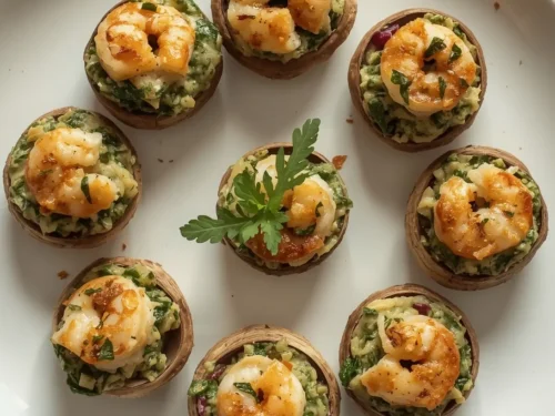 Spinach and shrimp stuffed mushrooms on a white platter ready to be served.