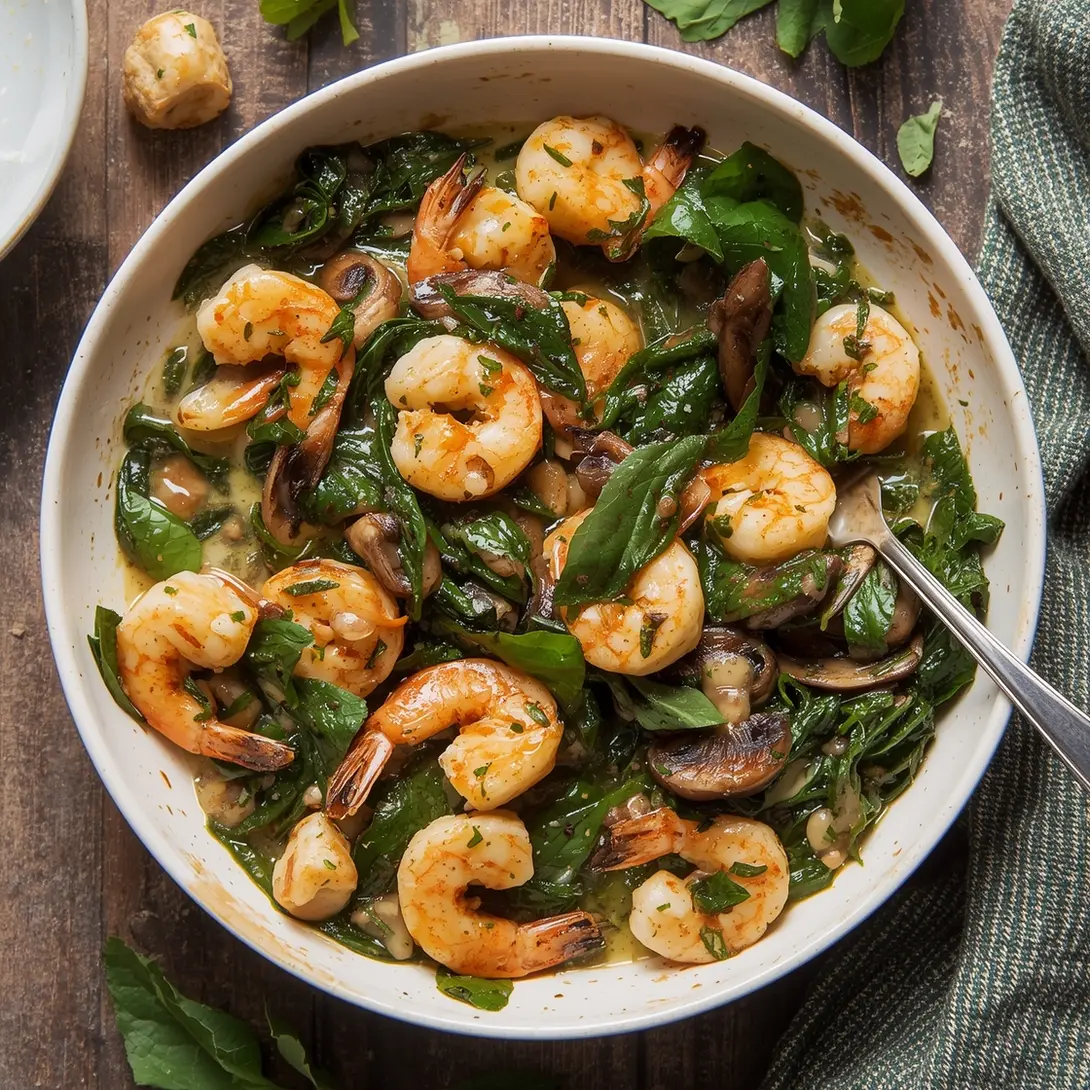 Spinach and shrimp stuffed mushrooms on a white platter ready to be served.