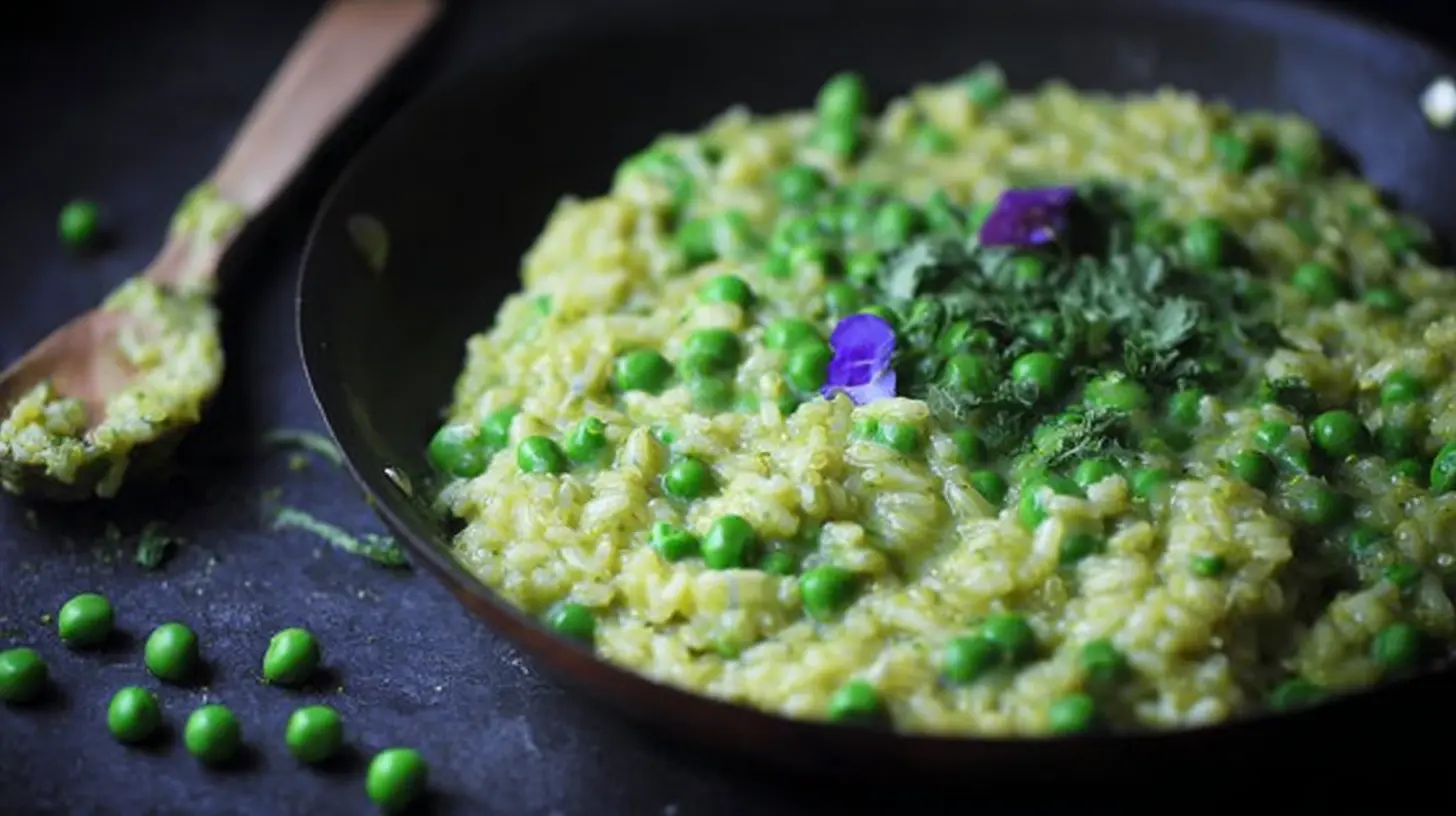 A vibrant bowl of spring pea risotto garnished with herbs.