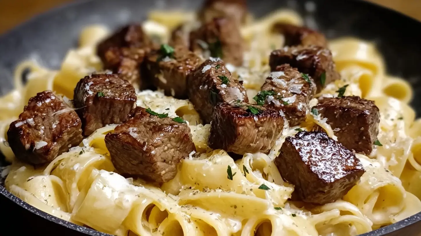 A close-up of a serving of steak and parmesan pasta garnished with fresh herbs.