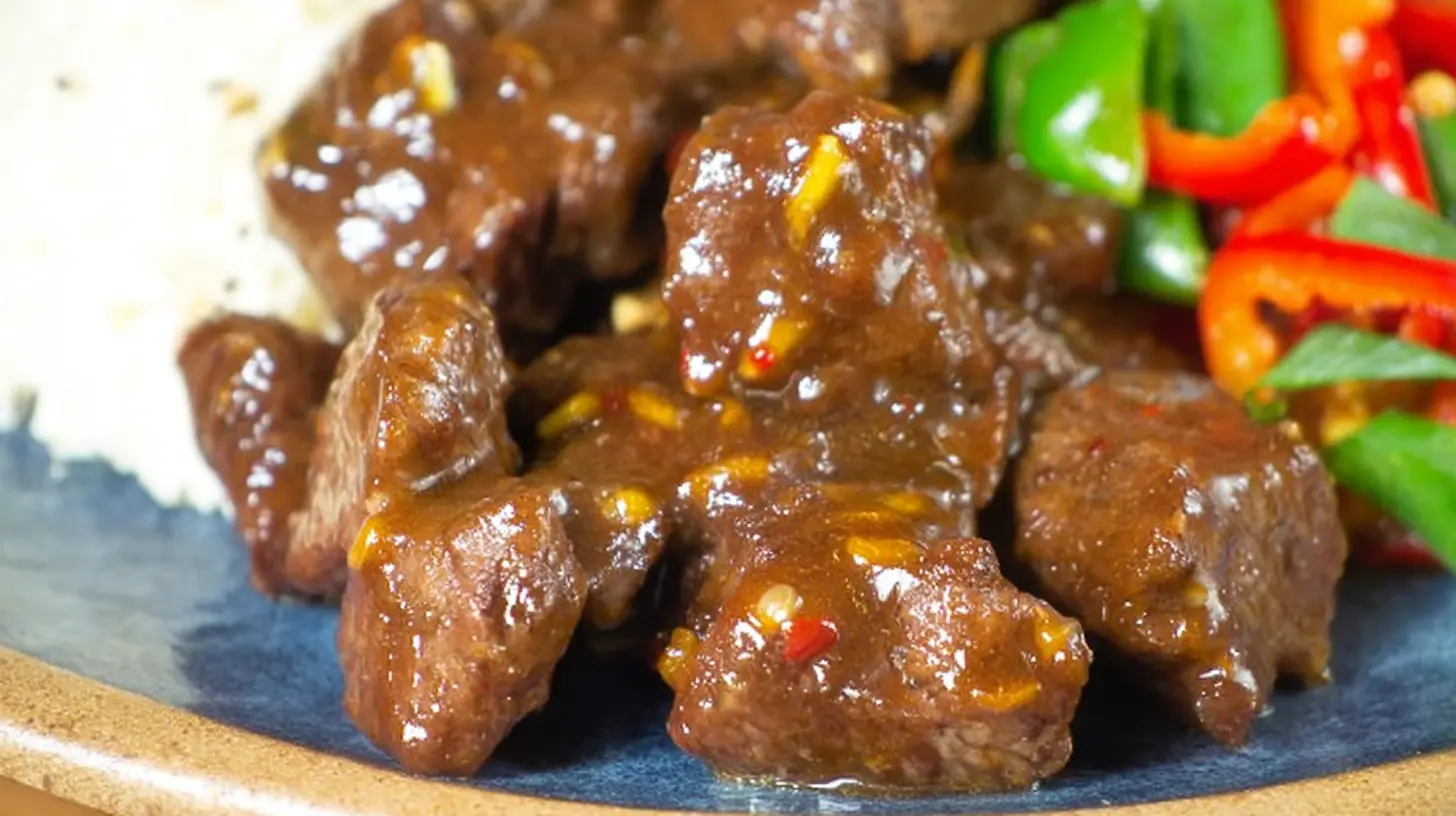 Close-up of perfectly cooked sticky steak bites, glistening with sauce