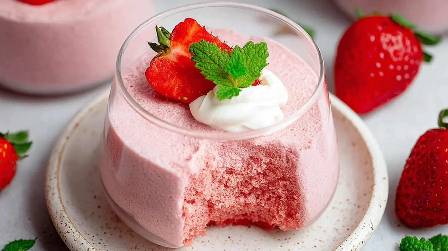 A serving of delicate strawberry mousse in a glass dish