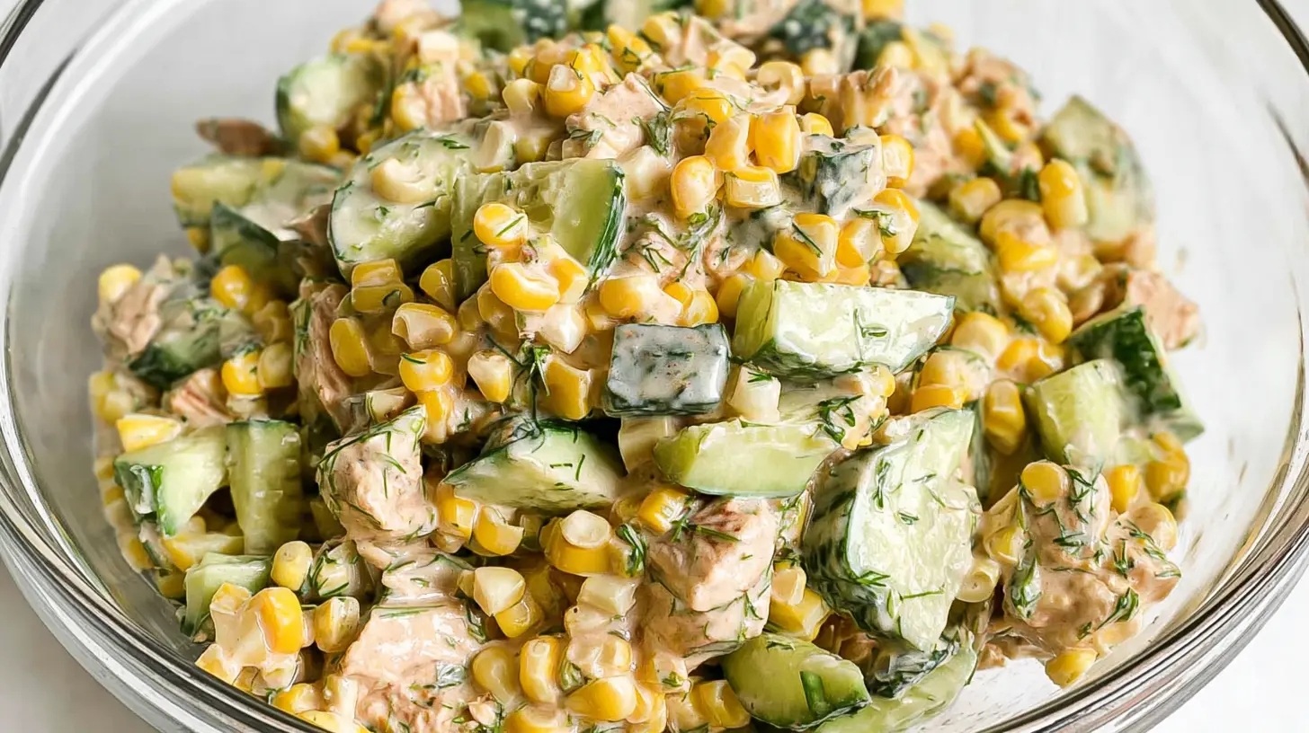 A vibrant street corn creamy cucumber salad in a serving bowl.