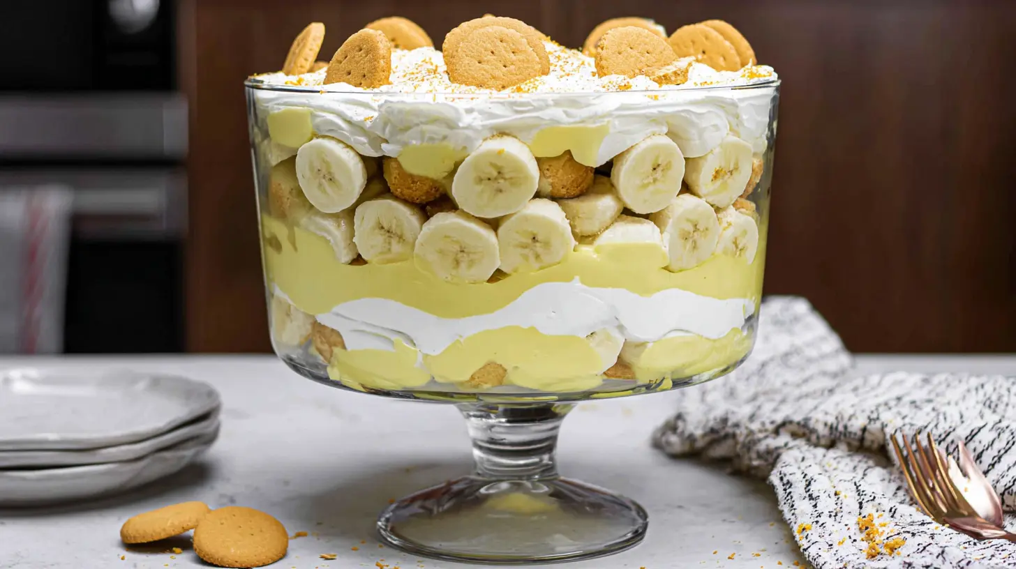 Delicious banana pudding trifle, showcasing its creamy and fruity layers in a clear dish