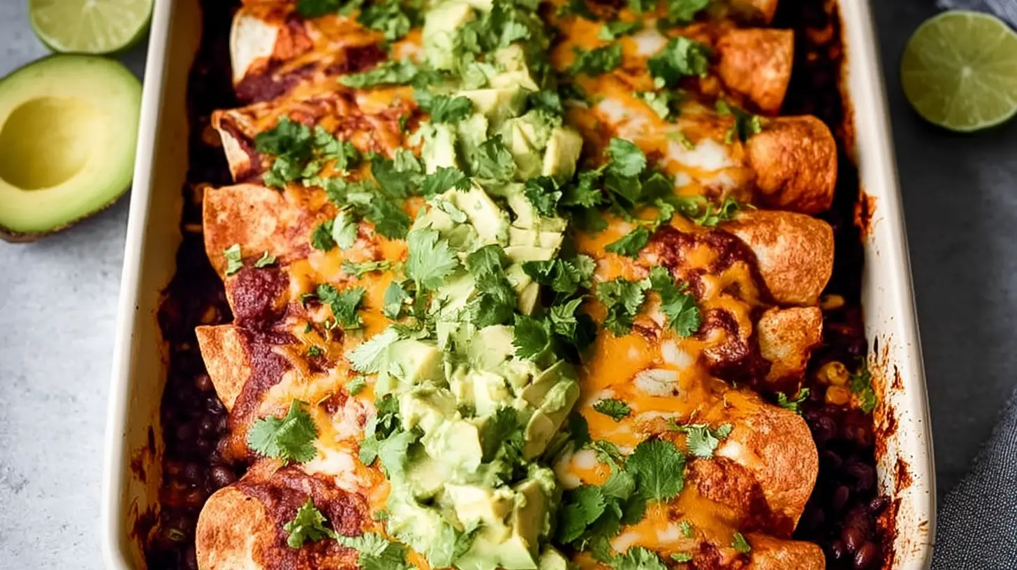 Sweet potato, corn, and black bean enchiladas plated and ready to serve