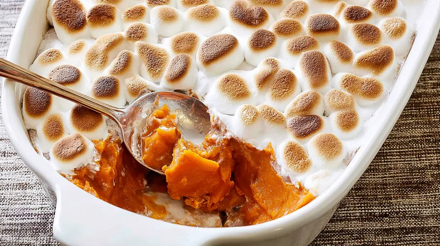Sweet potatoes with melted marshmallows in a baking dish