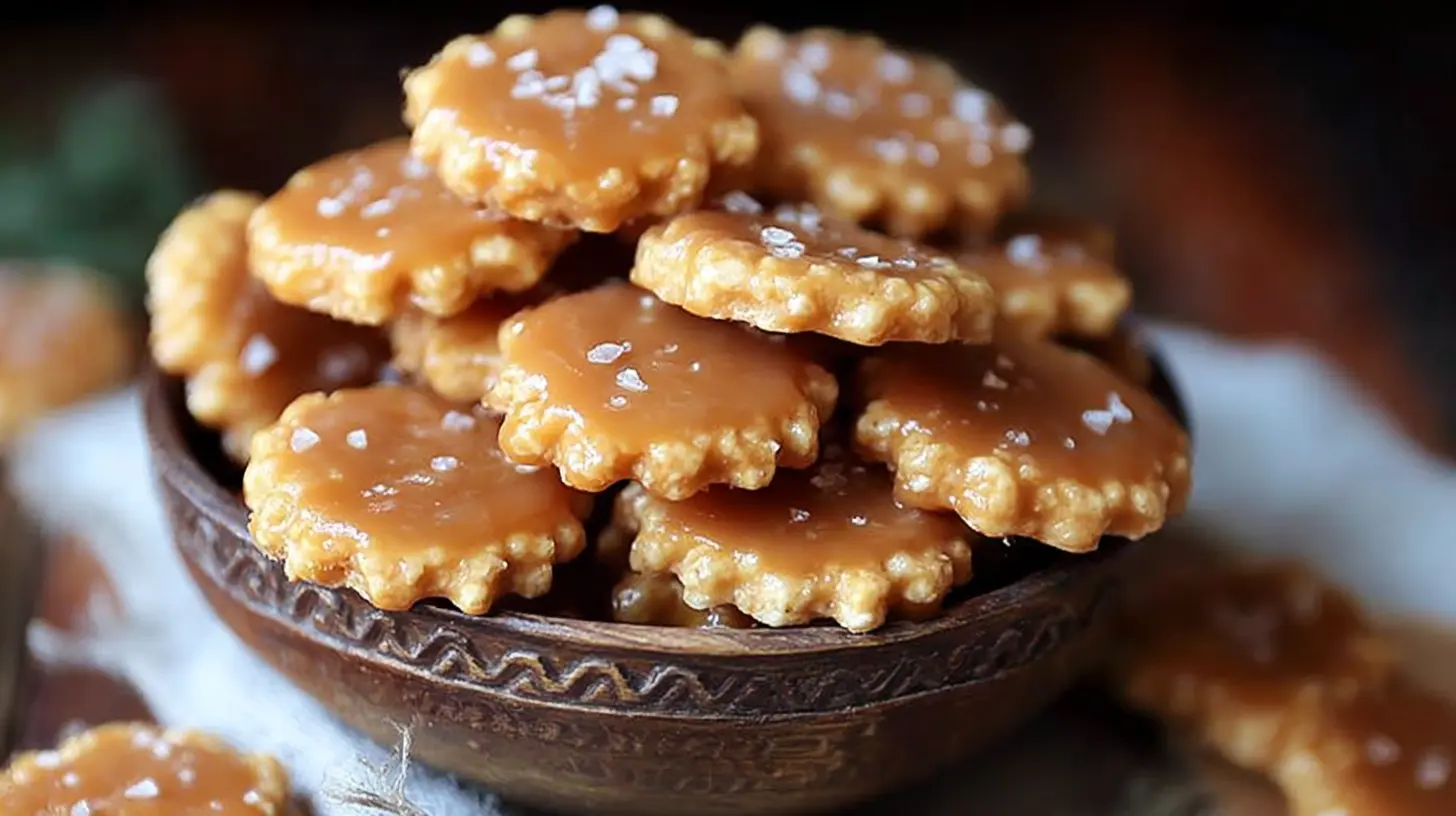 Several salted caramel cracker bites arranged on a plate, ready for snacking.