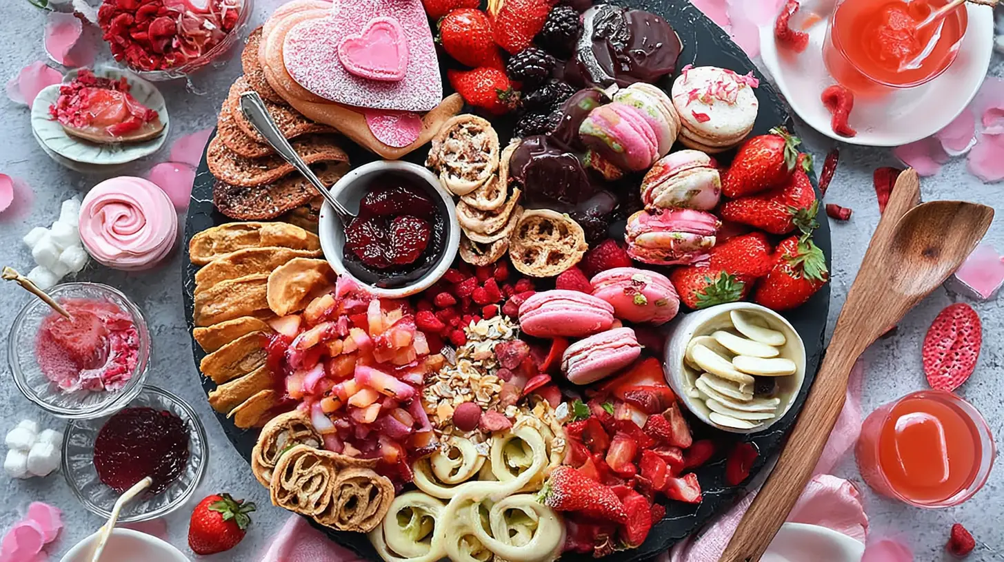 An assortment of sweet and savory valentines themed food for a romantic meal