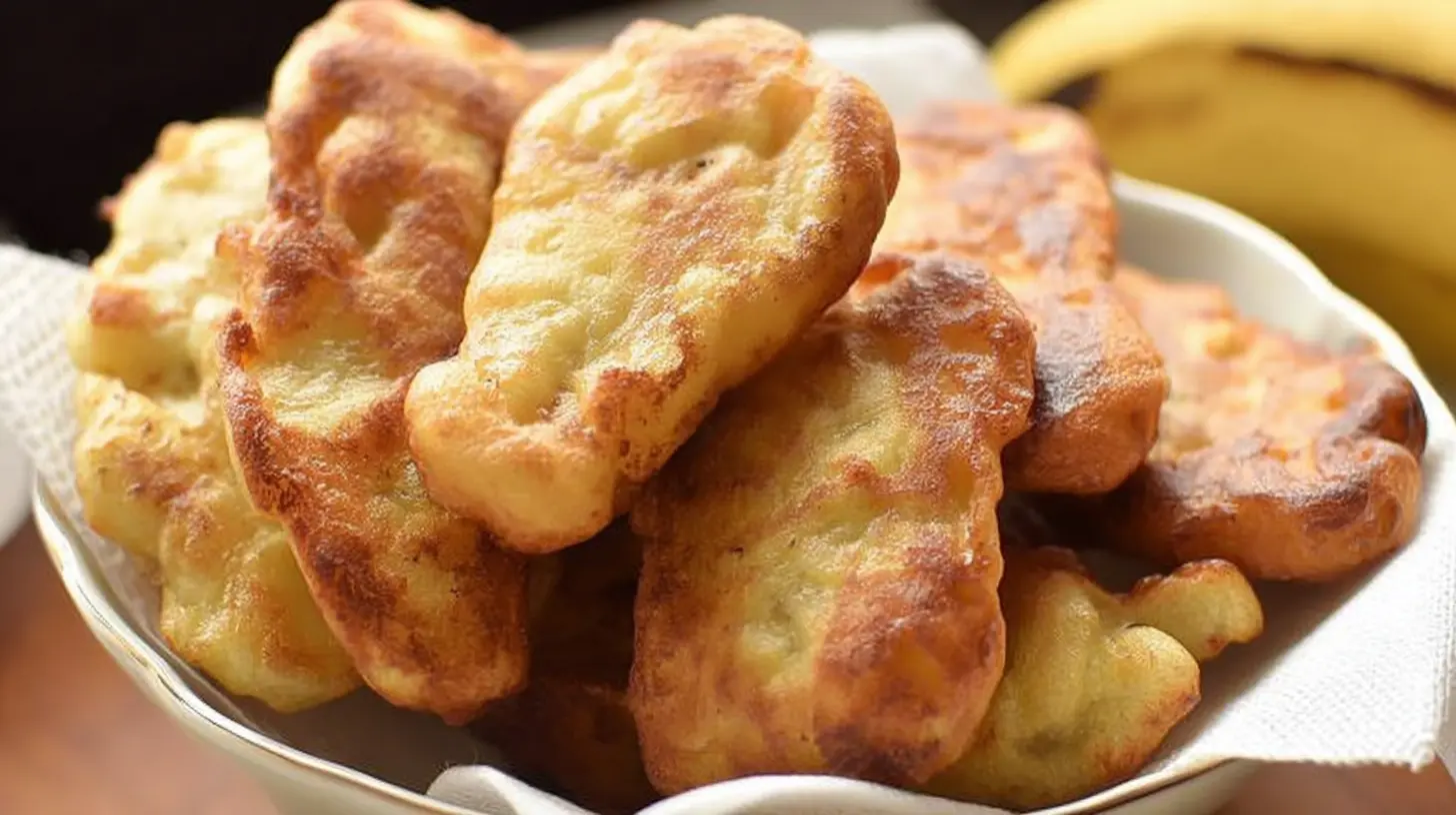 A plate of golden-brown banana fritters, fresh and hot.