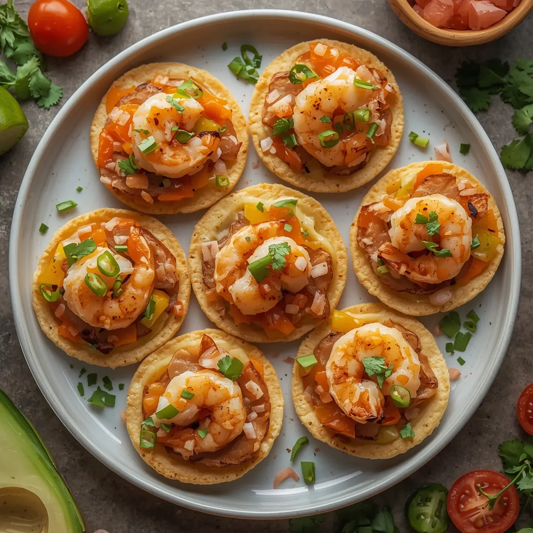 A platter of fresh mini shrimp tostadas, topped with vibrant ingredients