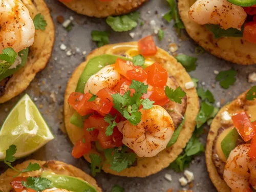 A platter of fresh mini shrimp tostadas, topped with vibrant ingredients