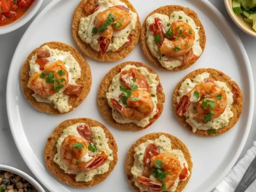 A platter of fresh mini shrimp tostadas, topped with vibrant ingredients