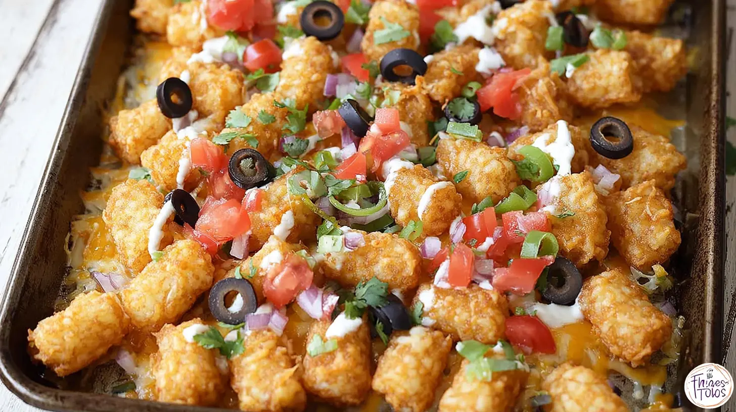 A generous platter of tater tot nachos piled high with toppings.