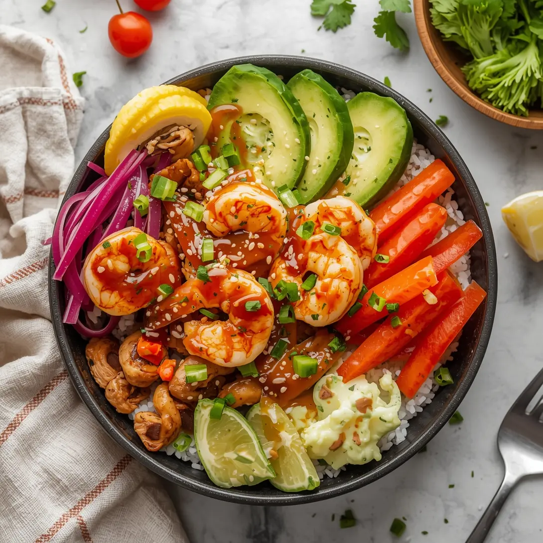 A colorful Teriyaki Shrimp and Rice Power Bowl with fresh ingredients