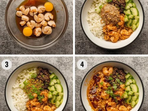 A colorful Teriyaki Shrimp and Rice Power Bowl with fresh ingredients