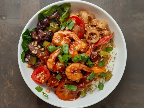 A colorful Teriyaki Shrimp and Rice Power Bowl with fresh ingredients