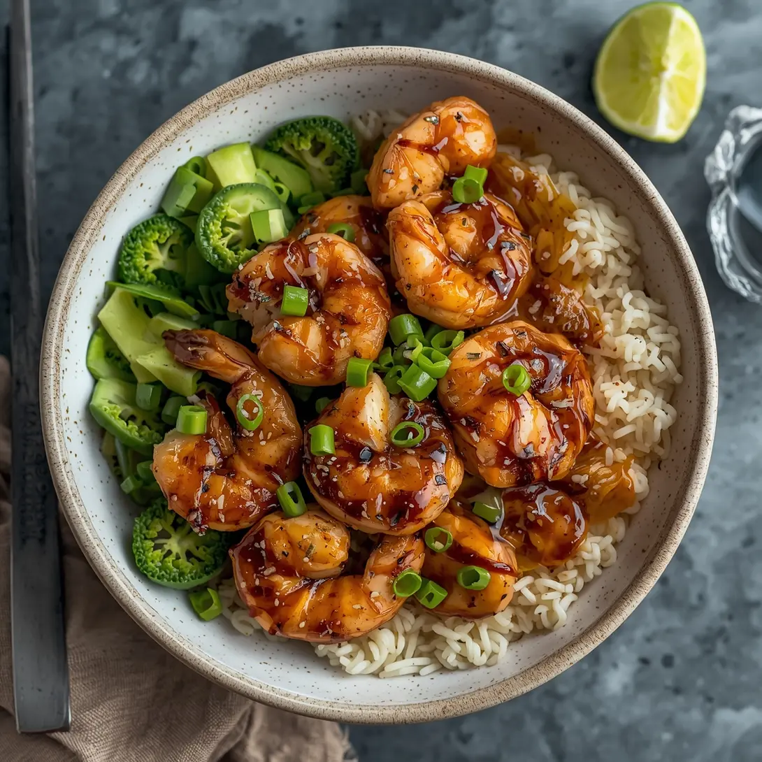 A colorful Teriyaki Shrimp and Rice Power Bowl with fresh ingredients