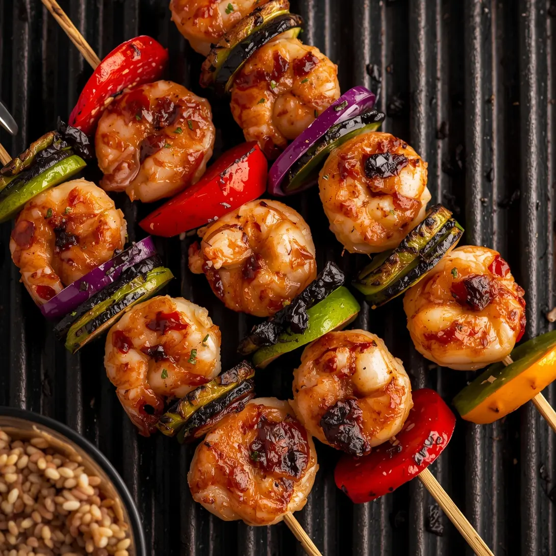 Close-up of vibrant Teriyaki Shrimp and Veggie Kebabs on a grill
