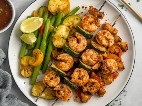 Close-up of vibrant Teriyaki Shrimp and Veggie Kebabs on a grill
