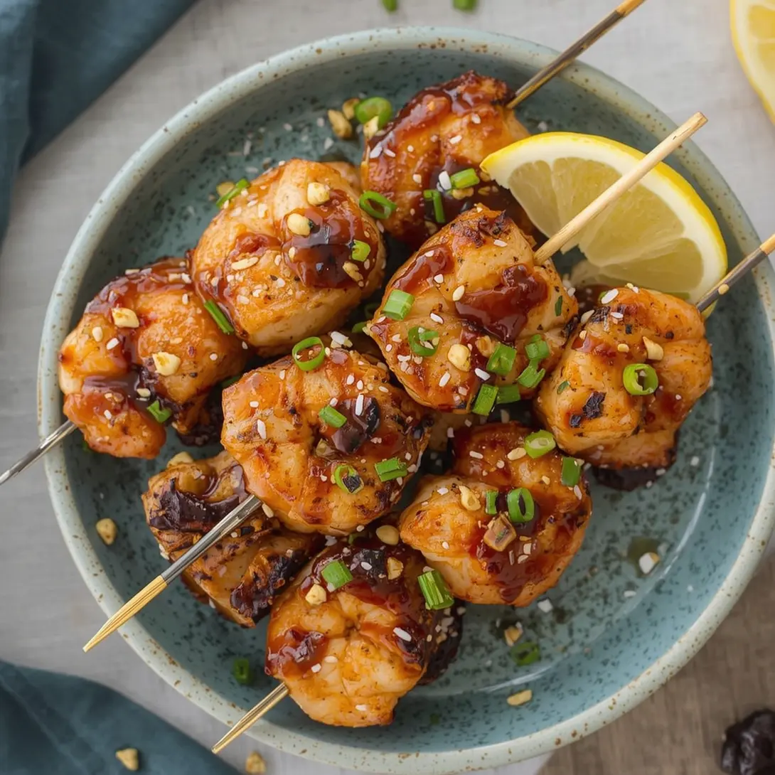 Close-up of vibrant Teriyaki Shrimp and Veggie Kebabs on a grill
