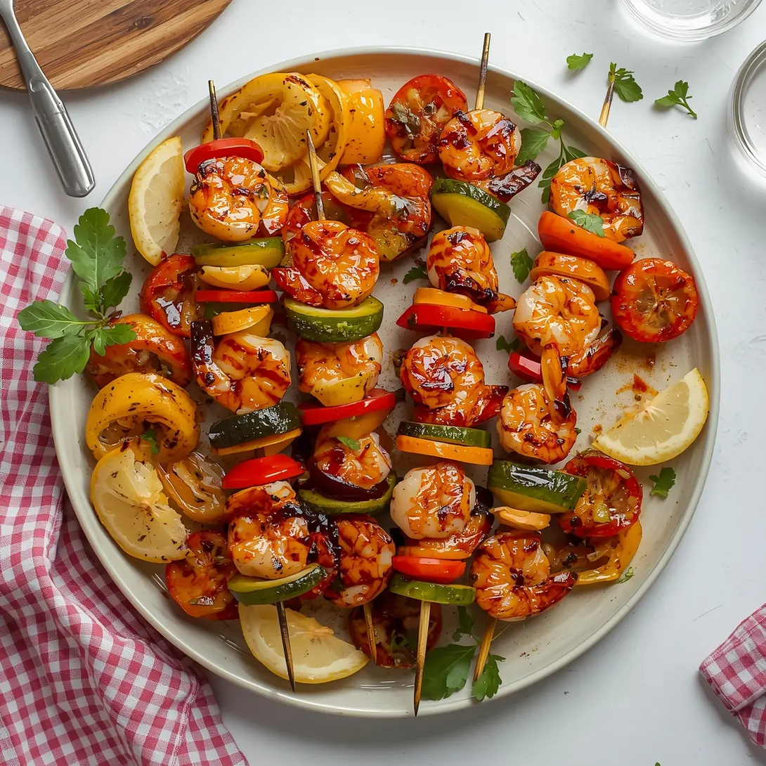 Grilled teriyaki shrimp and veggie kebabs on a platter