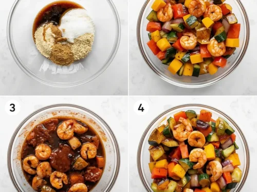 Grilled teriyaki shrimp and veggie kebabs on a platter