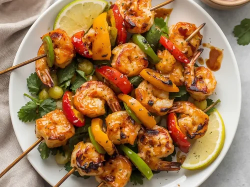 Grilled teriyaki shrimp and veggie kebabs on a platter