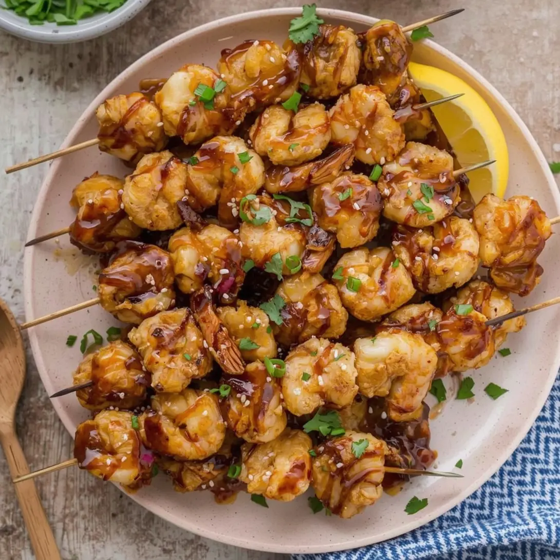 Grilled teriyaki shrimp and veggie kebabs on a platter