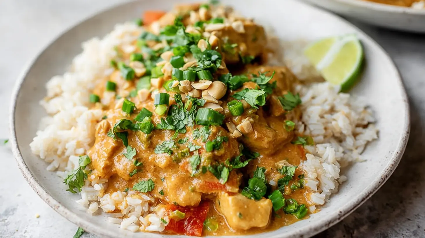 A plate of Thai Peanut Chicken with a rich sauce