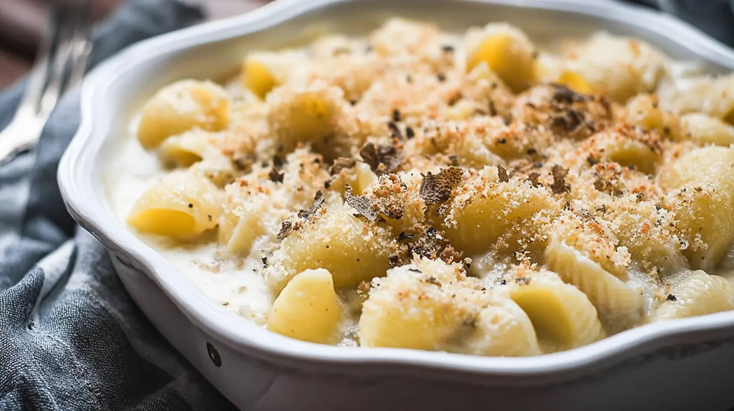 A serving of rich, creamy truffle mac and cheese garnished with fresh herbs.