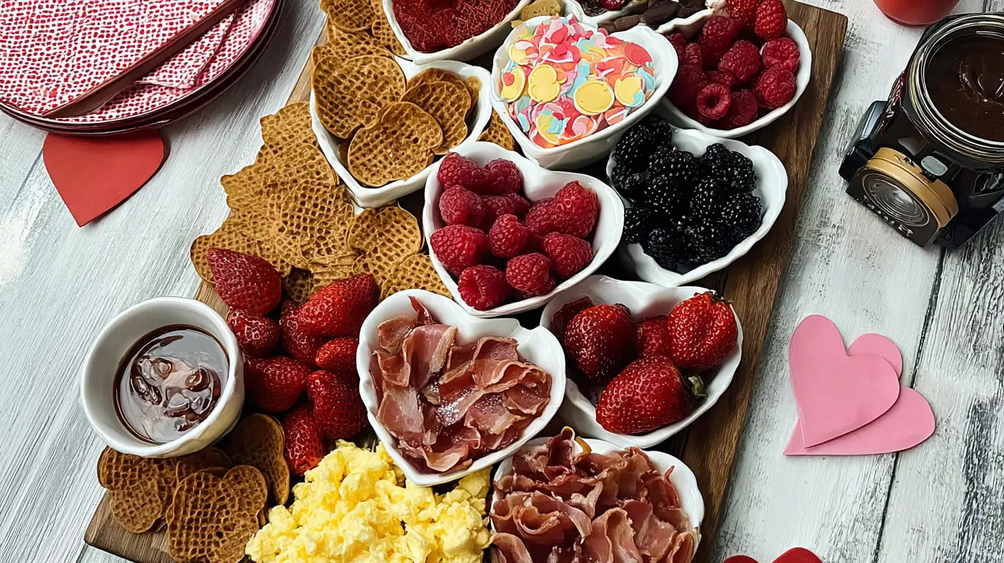 A beautifully arranged platter of Valentines food for a romantic dinner.