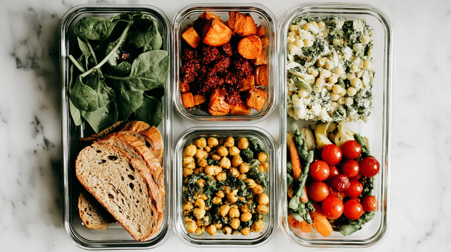 A variety of colorful containers showcasing organized vegan meal prep dishes