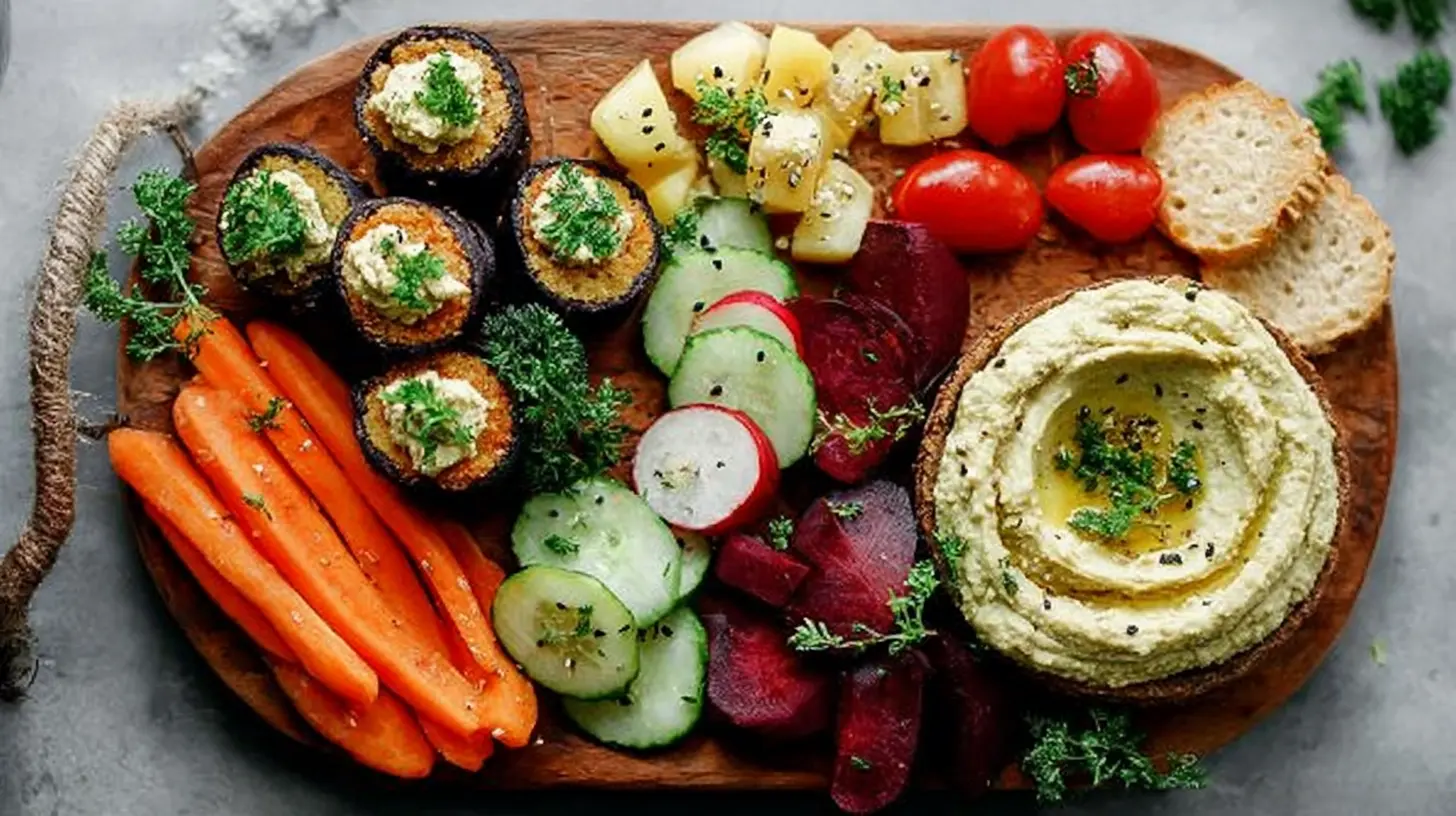 A variety of artfully arranged vegan savory appetizers on a platter.