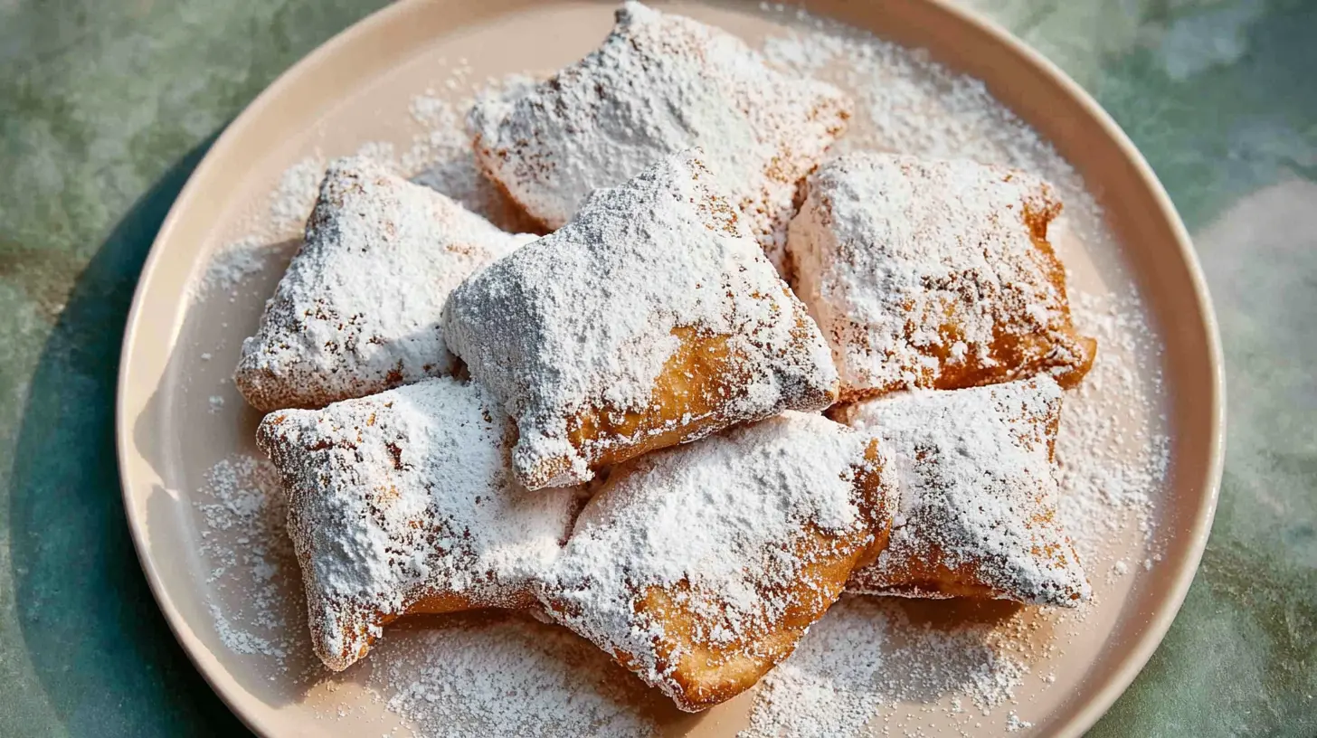 A plate of freshly made beignets dusted with powdered sugar, ready to be enjoyed.