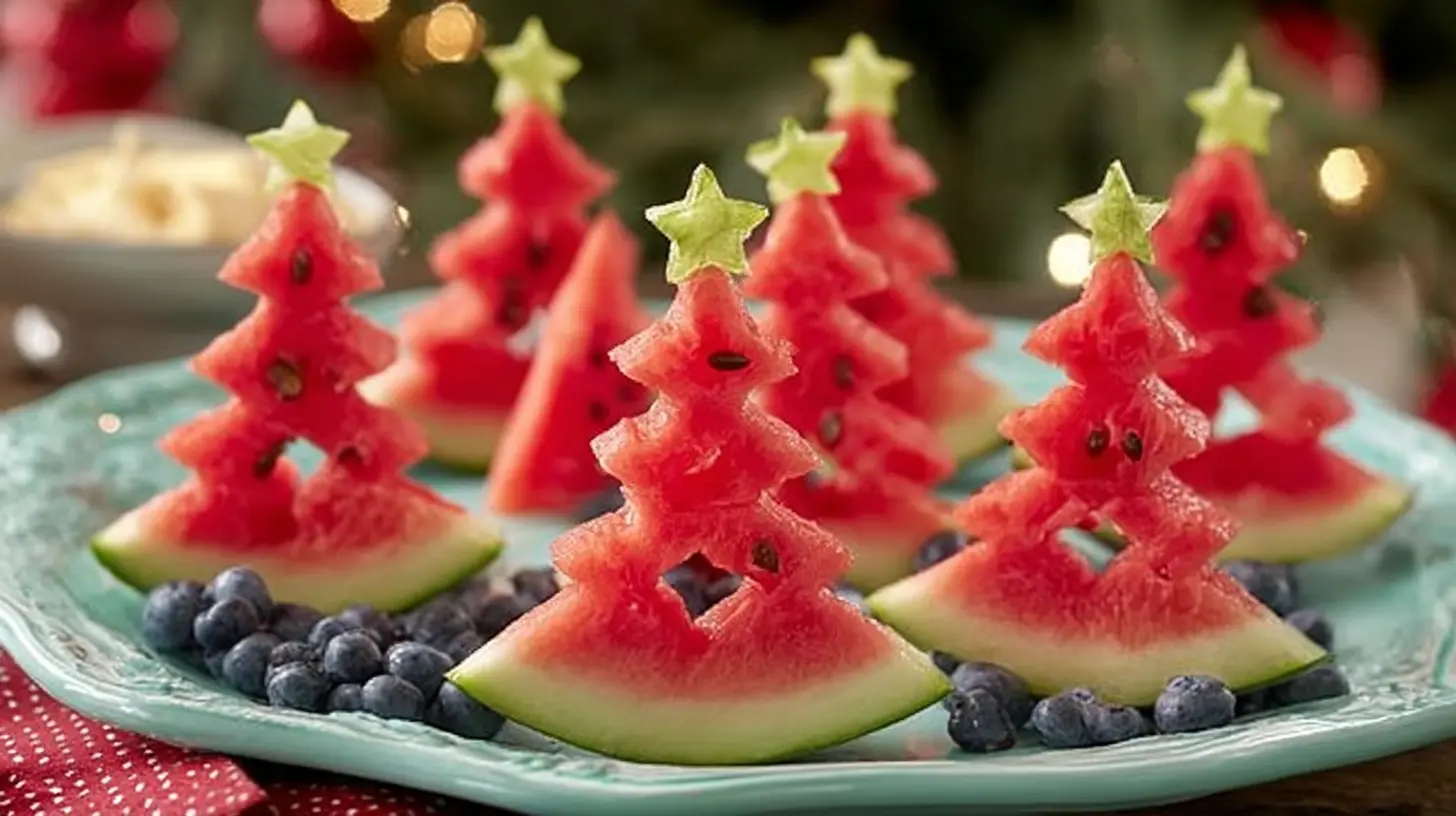 A Christmas tree made from fresh watermelon slices and fruit.