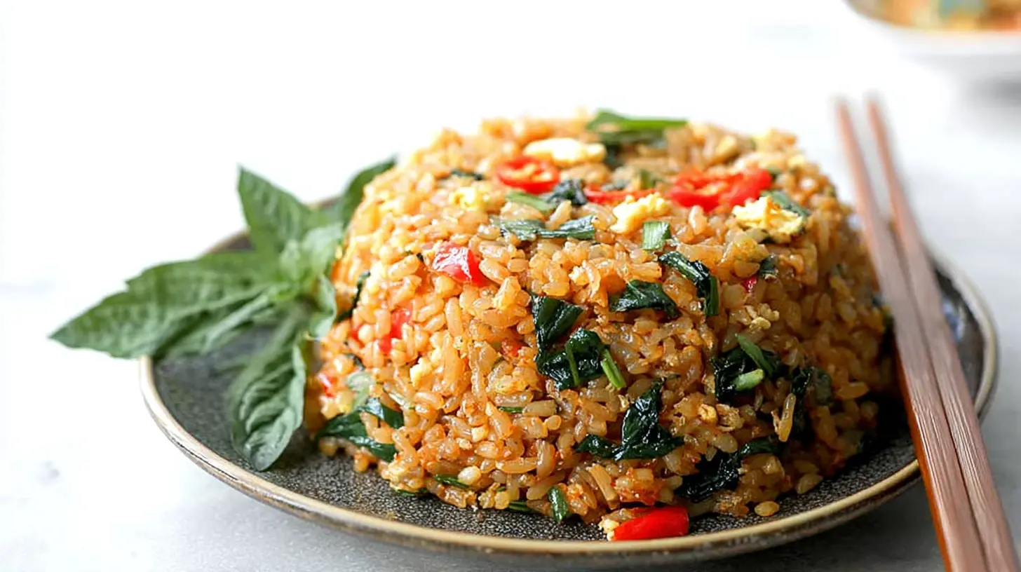 Close-up of traditional Thai fried rice garnished with lime and cilantro
