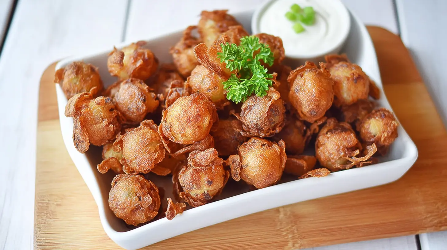 A close-up of crispy baby bloomin' onions with a dipping sauce.