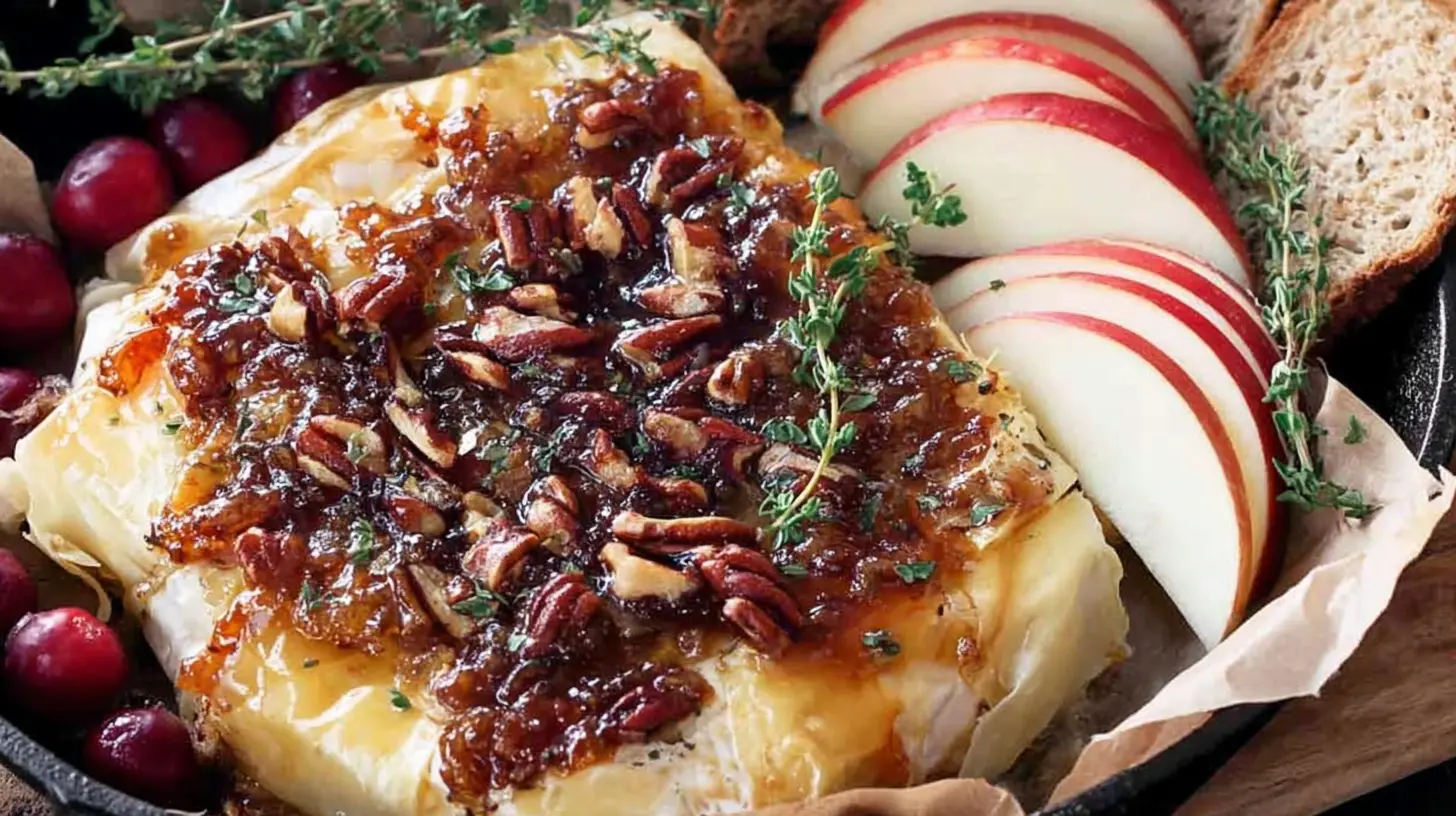 A round of baked brie cheese topped with sweet fig jam, ready to serve