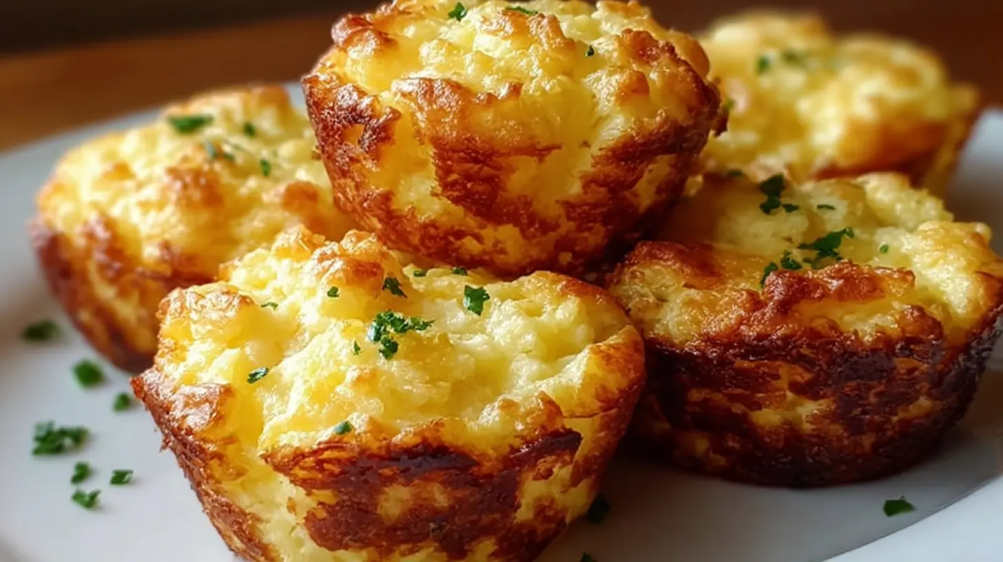A close-up of golden baked cheesy mashed potato puffs in a baking dish.