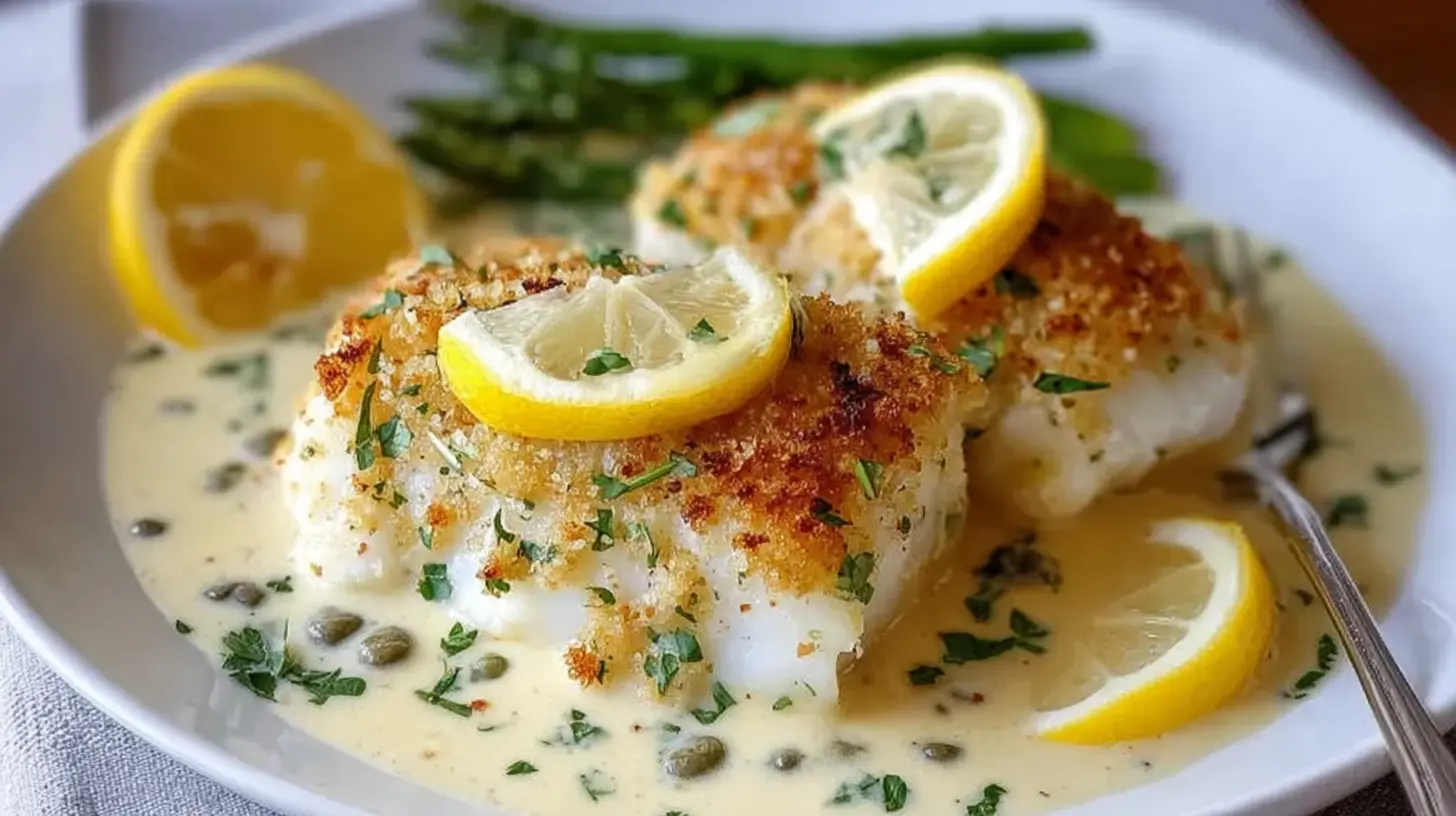 Baked cod in coconut lemon cream sauce served in a baking dish
