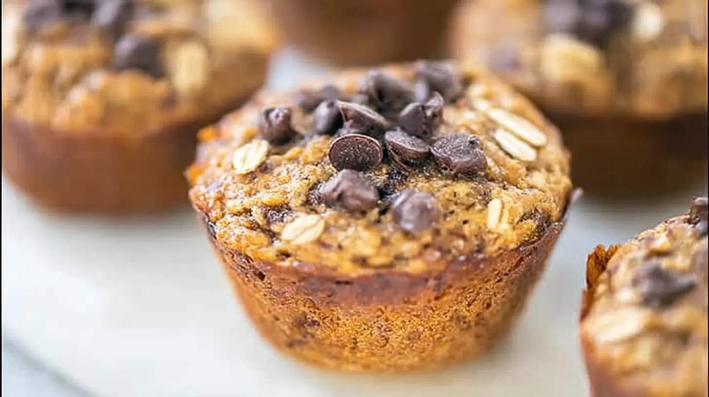 A close-up of freshly baked banana oatmeal muffins, golden brown and topped with oats.