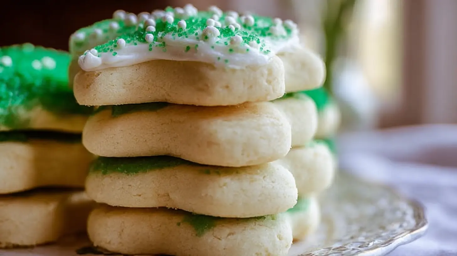 A close-up of a stack of the best soft sugar cookies, perfectly baked and unadorned.