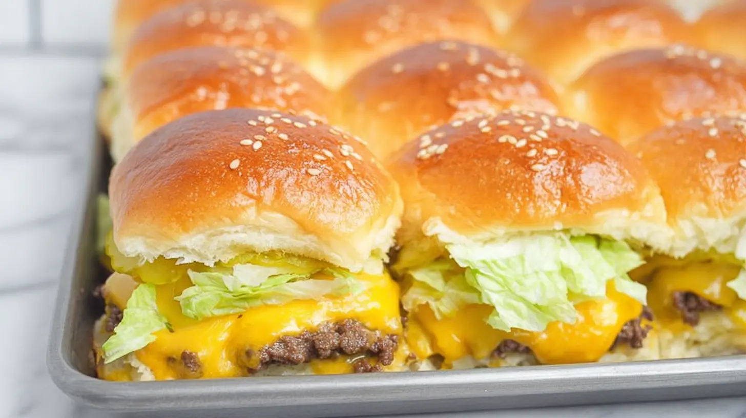 A tray of homemade Big Mac sliders, freshly baked and ready to serve.