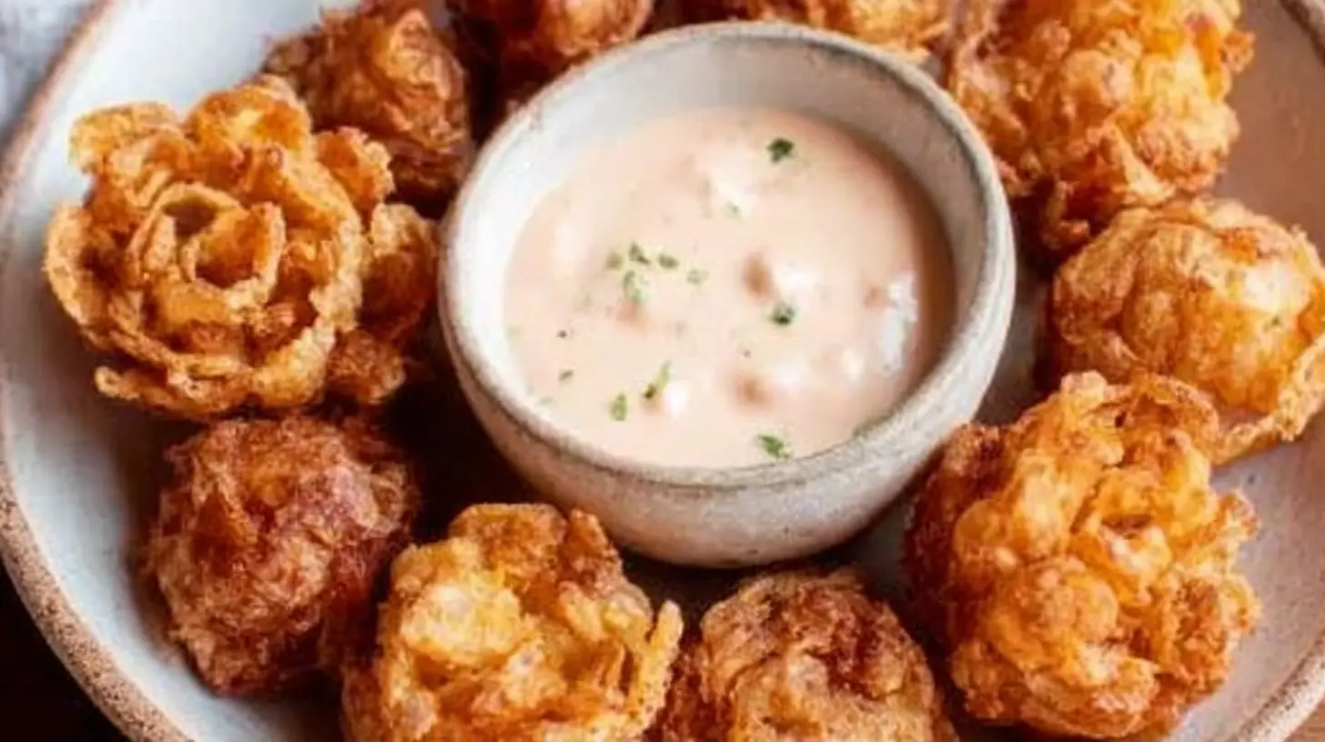 A platter of bite-sized blooming onions served with creamy buttermilk ranch dip.
