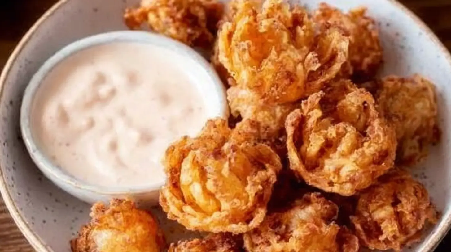 Close-up of bite-sized blooming onions with buttermilk ranch dip