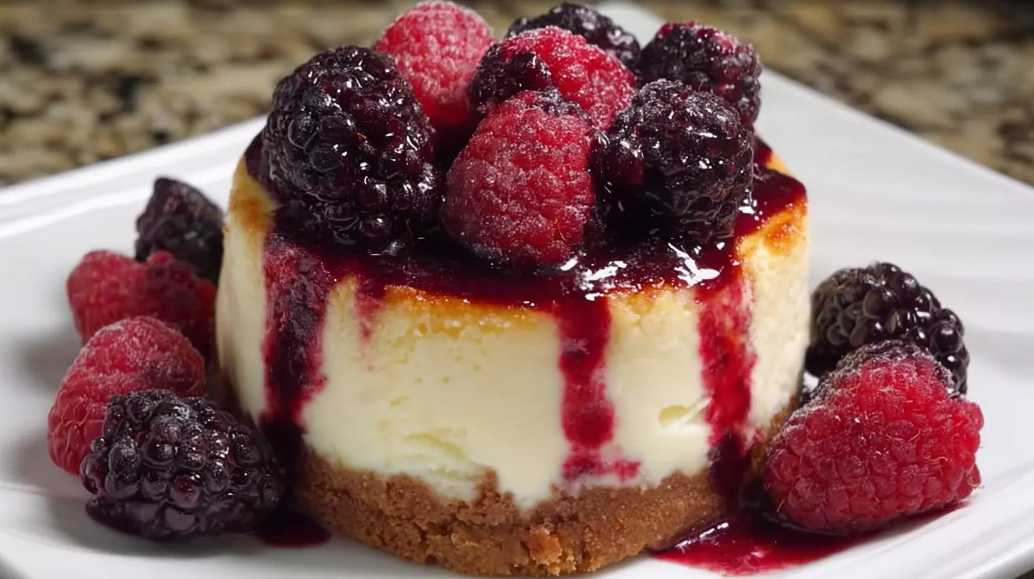 A stunning Blackberry Raspberry Cheesecake Delight featuring intertwined dark and red swirls.