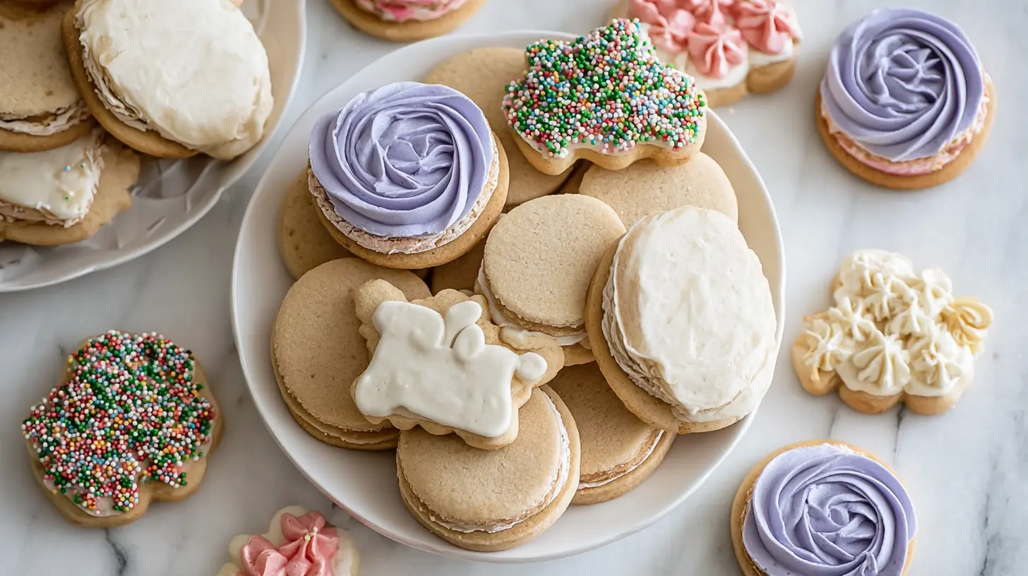 Beautifully decorated buttercream sugar cookies on a platter