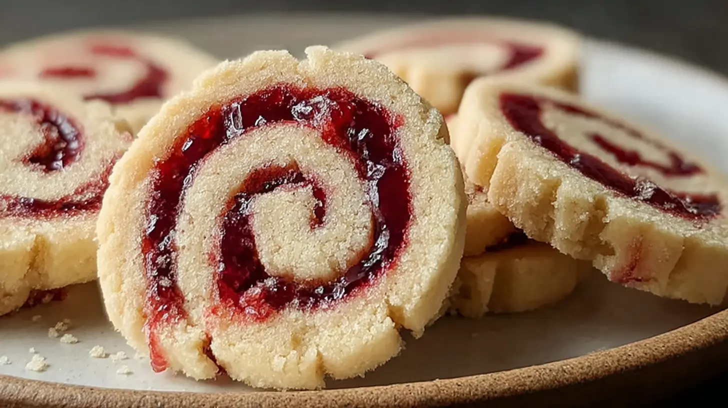 Buttery raspberry swirl shortbread cookies arranged on a cooling rack.